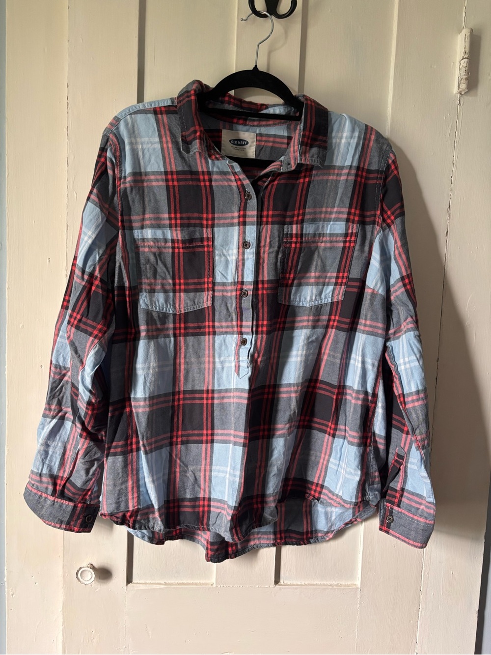 Old Navy Light Blue, Gray and Red Plaid Button Pullover Shirt